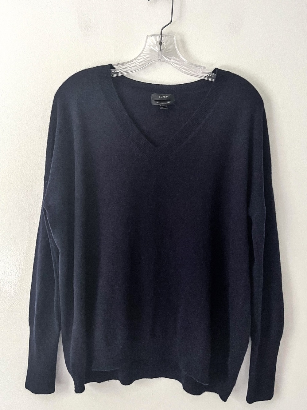 J Crew Italian 100% Cashmere Navy Blue V Neck Knit Sweater Preppy Academia Small
